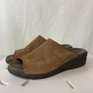 Mephisto Nalia 9005 Suede Slides Mules EU 39 US 8.5/9 Tan Peep Toe Wedge